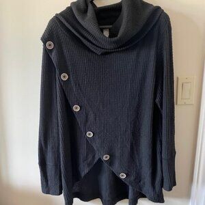CY Black Sweater-Diagonal placed Buttons on shoulder/Front -Cowl Collar Size L